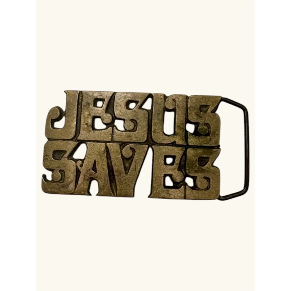 Vintage Jesus Saves Solid Brass Belt Buckle Religious Christian Taiwan 4501